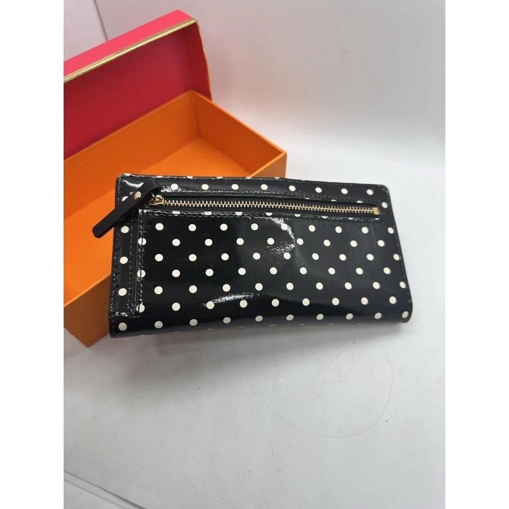 Kate Spade Carlisle Street Lacey Polka Dot Patent Leather Wallet Black White